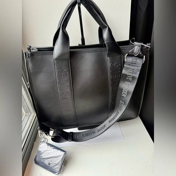 Steve Madden Black Large Tote Handbag with Strap and Pouch - NWT - Picture 3 of 6